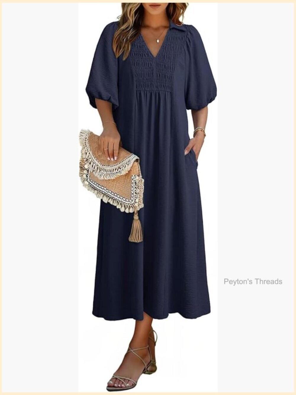 V Neck Puff Sleeve Empire Waist A-Line Maxi Dress, Short Sleeve, Lightweight,